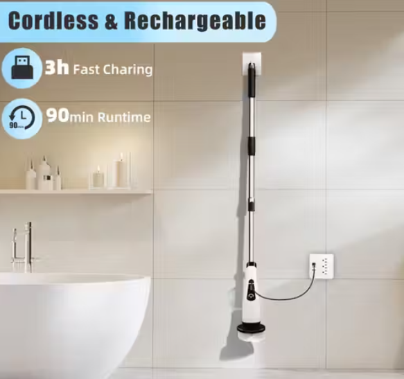Electric Spin Scrubber Brush for Bathroom Cleaning | 7 Replaceable Heads | Cordless Rechargeable | Adjustable Handle | 2 Speed Cleaning Tool